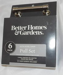 NEW in Box BETTER HOMES & GARDEN Set of 6 Satin Nickel PULLS 3″ Center w/ Screws
