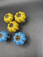 (5) ENAMEL PULL Drawer Cabinet Knob Porcelain Handles Blue & Yellow