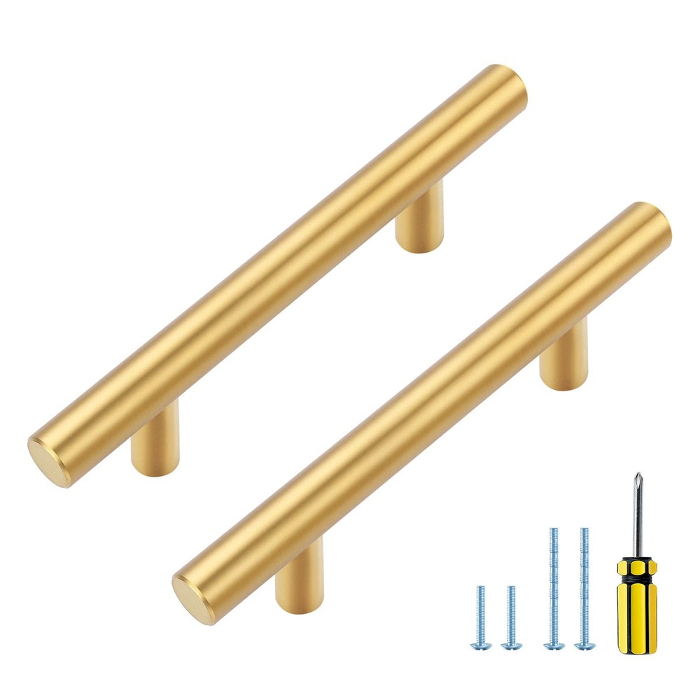 Ravinte Gold Cabinet Handles 5 Pack 5 Inch 3 Hole Centers, Brushed Brass
