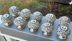 Drawer Knobs Pulls Ceramic Cream w/Navy Dot Swirl w/Screws Set of 10