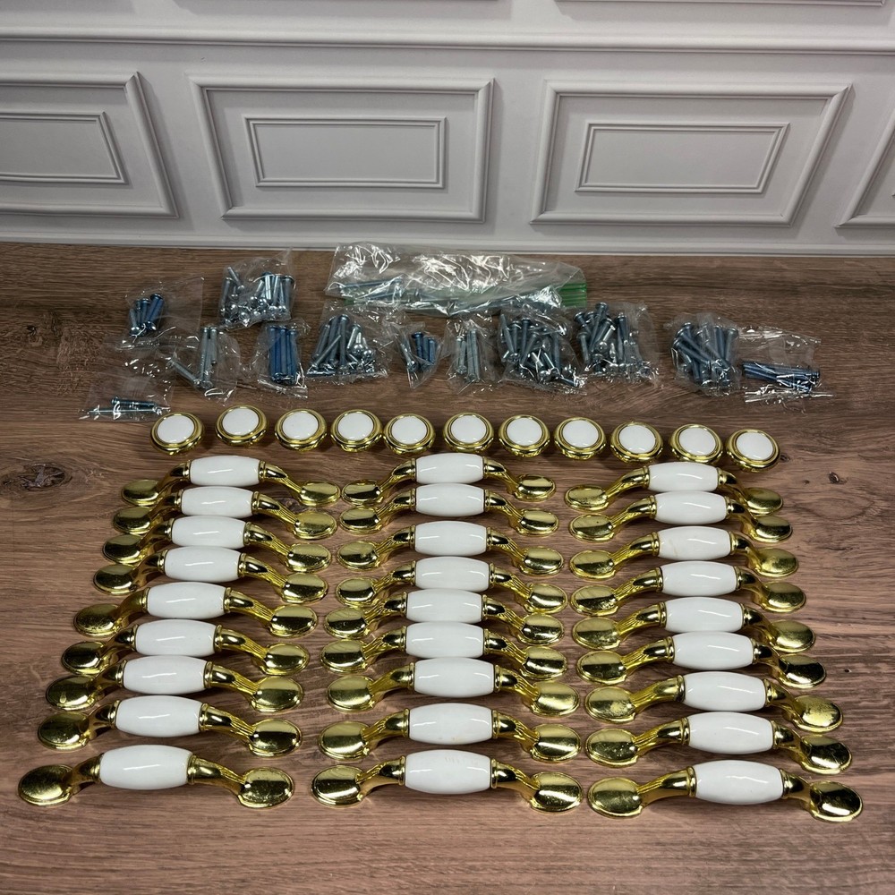 Cabinet Pulls Knobs Hardware 38pc White Gold Ceramic Traditional Regency Set