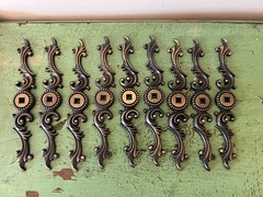 Set (9) Ornate Cabinet Pull BACKPLATE. 6″ NOS Vtg Furniture Hardware Knob Parts