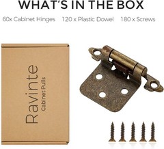 Decorative Antique Brass Cabinet Hinges, 60 Pack, Self-Closing & Easy Install