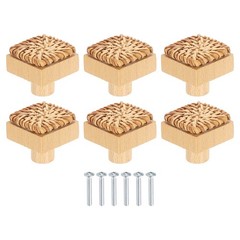 6 Pack 1.26″ Rattan Dresser Knobs Square Woven Drawer Knob with Screws, Brown