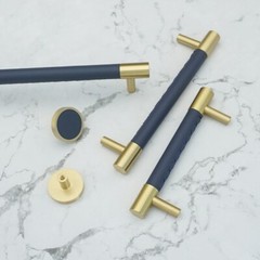MFYS Brass Gold & Navy Blue Leather Cabinet Handle Wardrobe Pull Drawer Pull