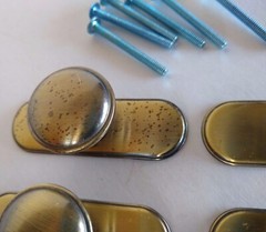 Antique Brass Brushed Drawer Cabinet Pulls Knobs Backing Plates Lot Of 6 W/Screw
