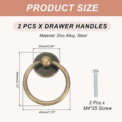 Single Hole Ring Pull 2.13×1.73″, 2 Pcs Handles with Screws, Bronze Tone