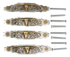 Set Of 4 Western Longhorn Cattle Bull Lace Concho Drawer Cabinet Bar Pulls 6″L