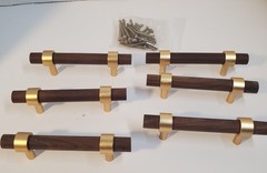 6 Brown Wood And Gold Drawer Pulls Handles Furniture Cabinet Hardware