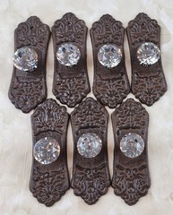 Lot of 7 Antique Style Draw Pull Glass Knobs With Iron Backing 5″ Long