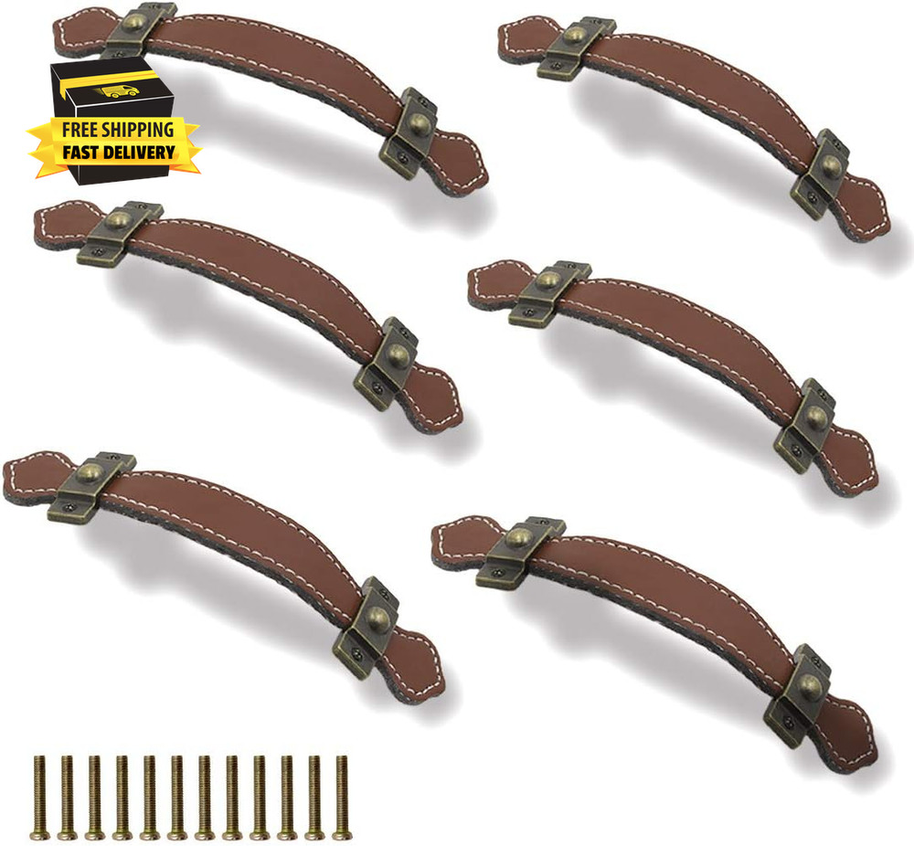6Pcs Surface Leather Furniture Handle, 6.3″ Retro Style Leather Pull Handle for