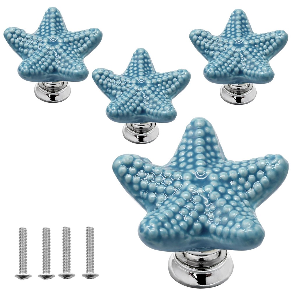 Ceramic Starfish Drawer Knobs – Coastal Blue Cabinet Handles, 4 Pack