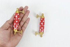 Unique Red and White Dots Ceramic Cabinet Door Pulls Handles with Brass Accents