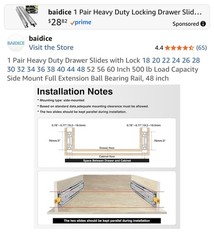 Baidice 1 Pair Heavy Duty Drawer Slides w/ Lock 48in – 500lb Load Full Extension