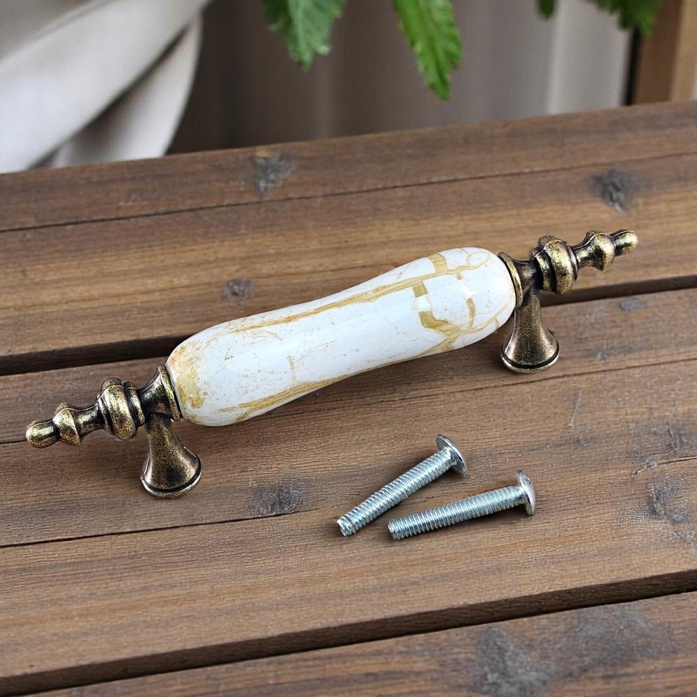 Ceramic Insert Flare Foot Drawer Pull Antique Brass 3 in Hole Centers Marble Lot