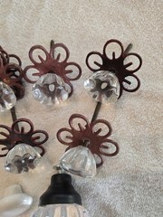 Set of 5 Clear Glass Cabinet Knobs with Red-Blac Metal Flower Backplates, etc