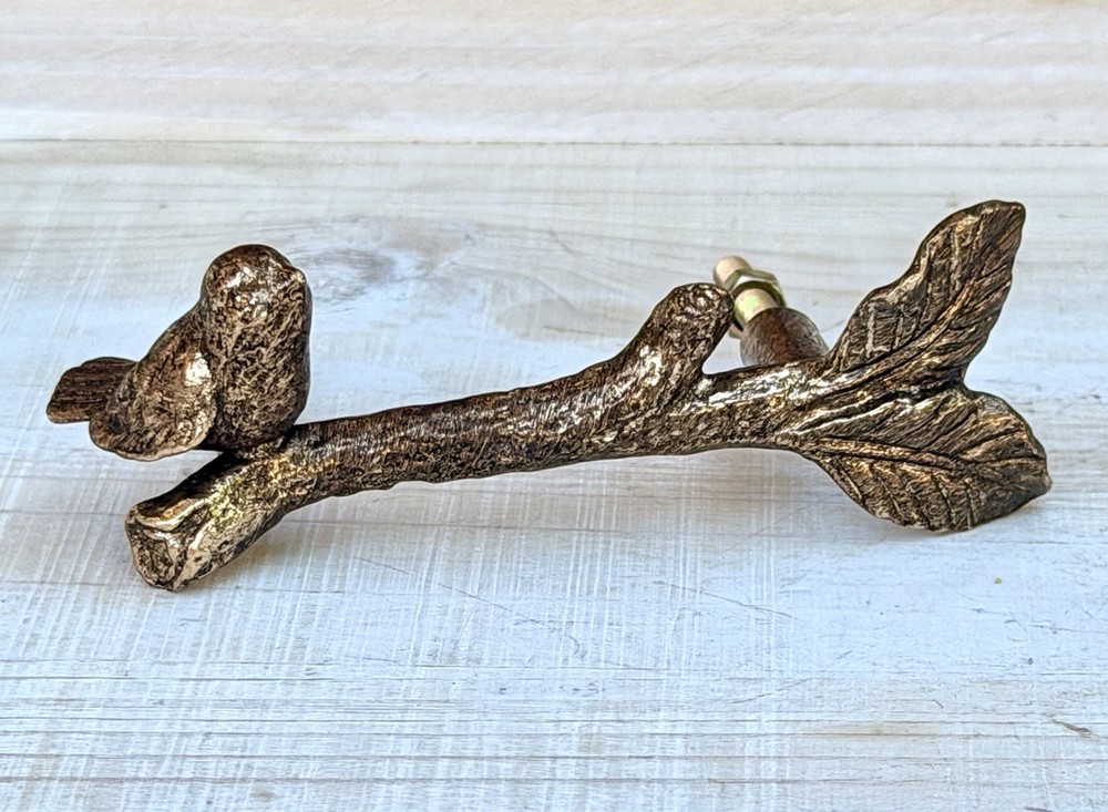 1 Antique Gold Bird On Branch Metal Drawer Pull Cottage Nature Metallic Handle