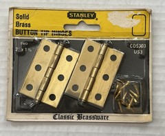 2 Vintage Stanley Solid Brass Button Tip Hinge 2″ x 1 3/8″ Classic Brassware