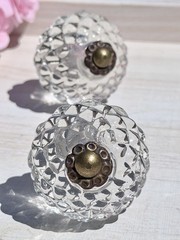 2 Clear Faceted Textured Glass Antique Brass Cabinet Pulls Bathroom Kitchen Knob