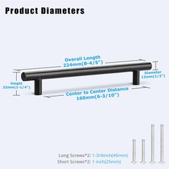 KNOBWELL 6 Pack 6-3/10″ Black Cabinet Pulls and 6 3/10inch(160mm),