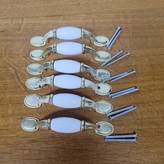6 White Porcelain & Gold en Metal 5⅛” Drawer Pulls 3″ on Center w/ New Screws
