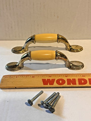 Vintage Brass and White Ceramic Look Drawer Pulls, Pair