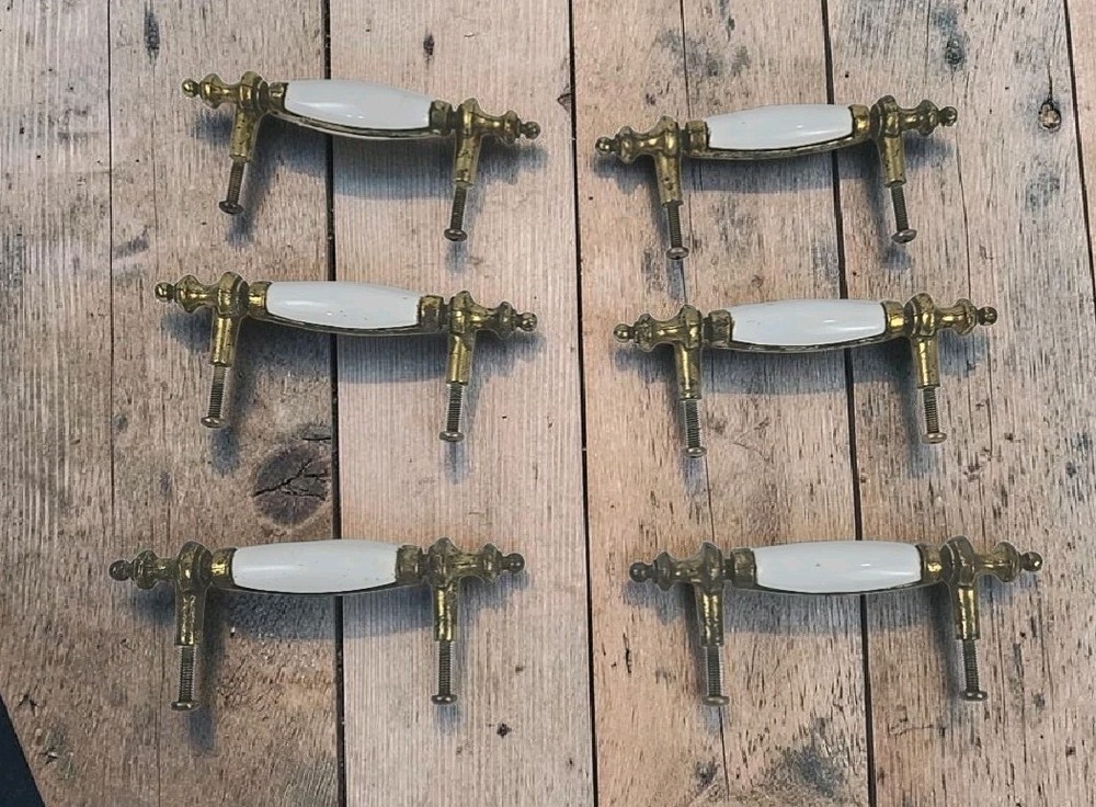 6 Antique White Porcelain & Brass 5” Drawer Pull Handles w Screws & Heavy Patina