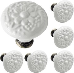 6 Pcs White Ceramic Kitchen Cabinet Knobs and Pulls, Retro Vintage Round