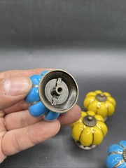 (5) ENAMEL PULL Drawer Cabinet Knob Porcelain Handles Blue & Yellow