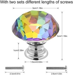 Crystal Glass Cabinet Knobs, 30Mm Diamond Shape Drawer Pulls Handles, Colorful