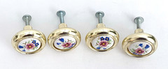 4x Amerock Polished Brass & Porcelain Drawer Pull Cabinet Knob Pink Blue Flowers