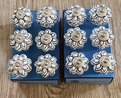 Set 12 Black/White Ceramic Porcelain Cabinet Knob Drawer Pulls w/Hardware In Box
