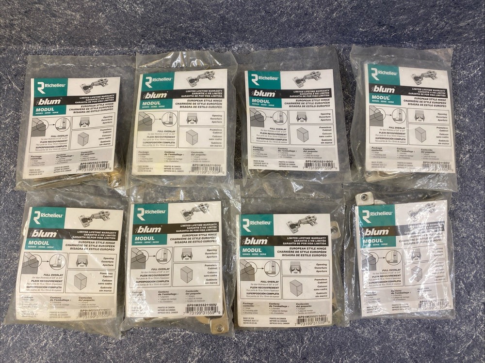 Lot Of 8 Blum 100-Degree Full Overlay Concealed Nickel Plated Cabinet Hinge