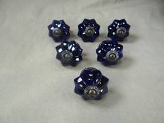 (6) VTG Victorian Style Cobalt Blue Glass Door Knob Handle Drawer Pulls