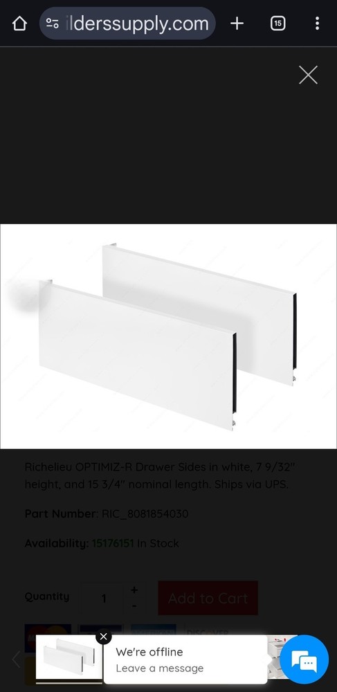 8081854030 Richelieu Slim White Drawer Side 185x400mm