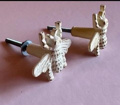 Set Of 2 Vintage Style White Wash Bumble Bee Knobs For Dressers Drawers Screw In