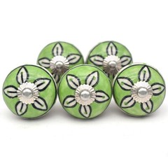 Green Floral Ceramic Hand painted Cabinet, Drawer, Cupboard Knobs/ Pulls- set 2