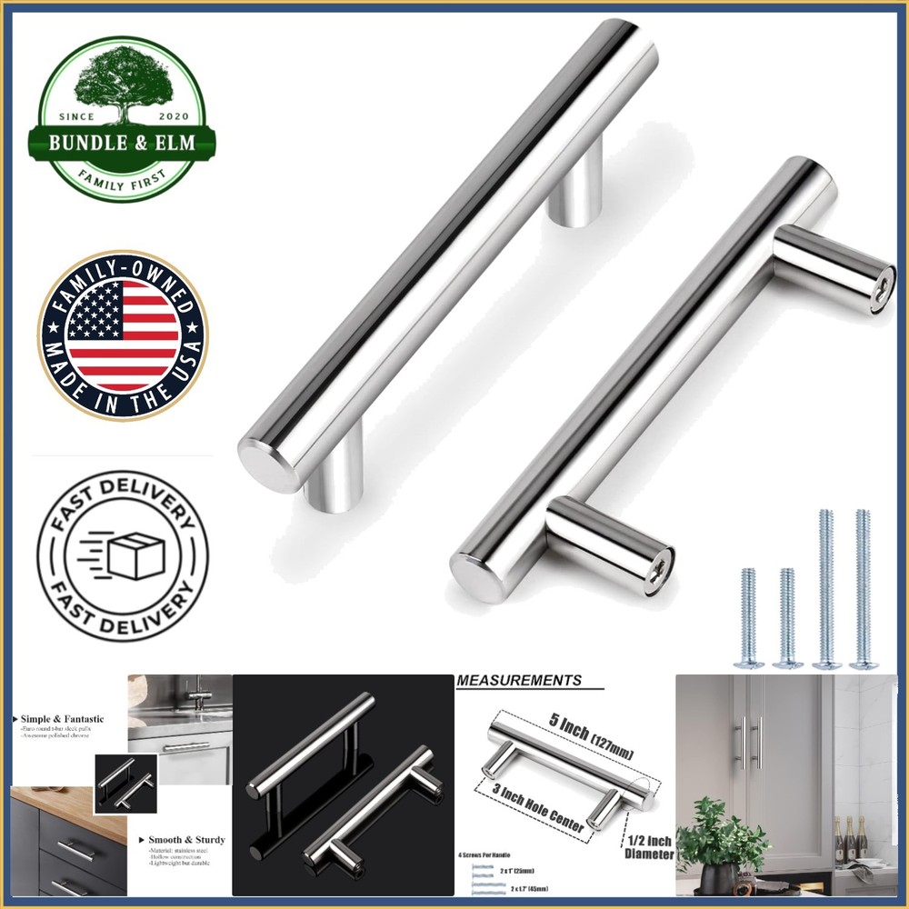 30 Count Round T Bar Pull Handles, Lightweight Stainless Steel Cabinet Hardware