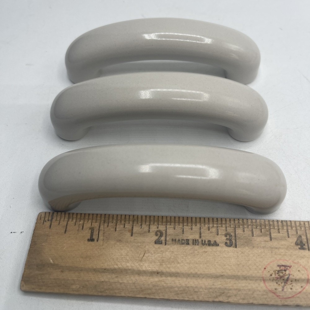 Lot of 3 Vtg Porcelain Drawer Pulls Rounded Unmarked NO Screws simple Grey