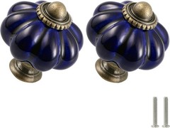 (2) VTG Victorian Style Cobalt Blue Glass w/ Brass Door Knob Handle Drawer Pulls
