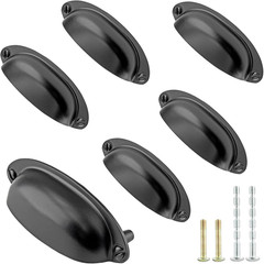 6Pcs Glossy Black Cup Drawer Pull 3.5 Hole Centers Metal Cup Pull Vintage Shel