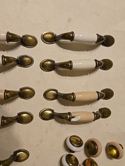Vintage Porcelain Wood Brass Drawer Pull Assorted 5″ Handles Knobs Lot Of 24