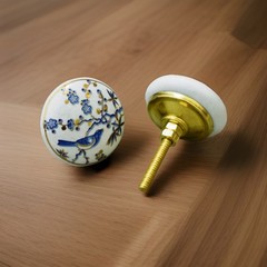 8 White Blue Bird Floral Ceramic Cabinet Knob Round Polished Gold Hardware