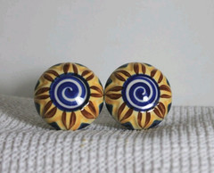 2 Mexican Hand Painted Blue Floral White Ceramic Dresser Cabinet Hardware Knobs
