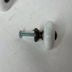 Vintage Cabinet Knob Pulls White Porcelain Brass Center Dot Small 1″ Circle 7qty
