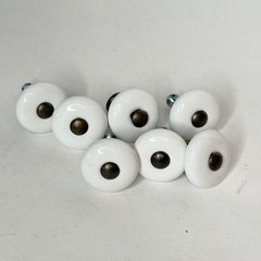 Vintage Cabinet Knob Pulls White Porcelain Brass Center Dot Small 1″ Circle 7qty
