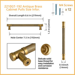 6 Pack Antique Brass Knurled Cabinet Pulls Drawer Handles, 7.56″ (192Mm) C-C Vin