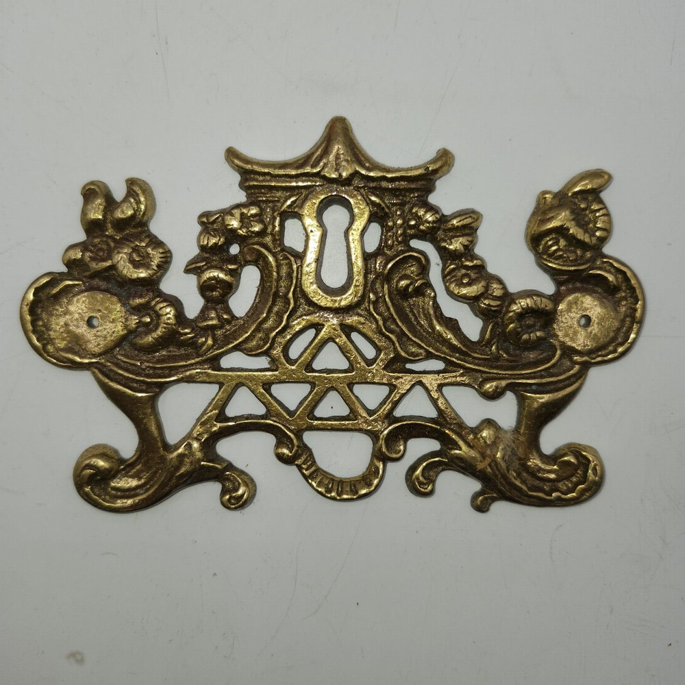 vintage Antique Brass Chinese Oriental Pagoda Drawer backplate keyhole