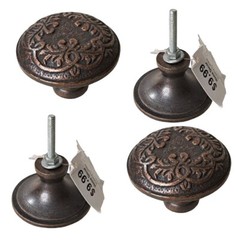 Victorian Cast Iron Cabinet Knobs Antique Brass Finish Embossed Leaves Set 4 NEW