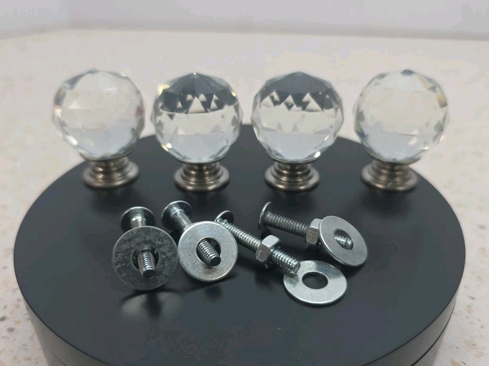 Lot of 4 Vintage Crystal Glass Cabinet Knobs Drawer Pulls Faceted Round
